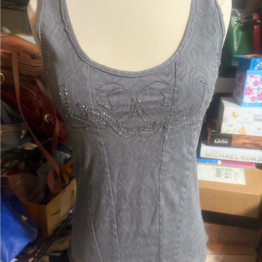 Anthropologie Gray Embroidered Tank Top